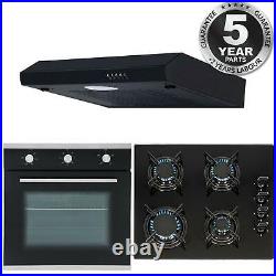 SIA 60cm Black Single Electric Fan Oven, 4 Burner Gas Hob And Visor Cooker Hood