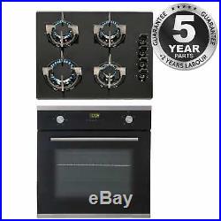 SIA 60cm Black Single Electric True Fan Oven & 4 Burner Black Gas On Glass Hob