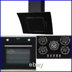 SIA 60cm Single Electric Oven, Black Gas 70cm Hob & Curved Glass Cooker Hood